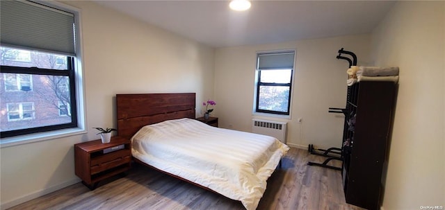 bedroom featuring radiator heating unit, multiple windows, and light wood-style flooring