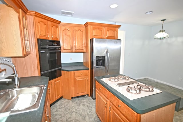 kitchen featuring black oven, a warming drawer, stovetop with downdraft, dark countertops, and stainless steel fridge with ice dispenser