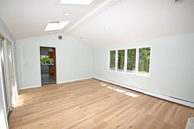 unfurnished room with a skylight, light wood-type flooring, baseboards, recessed lighting, and a baseboard heating unit