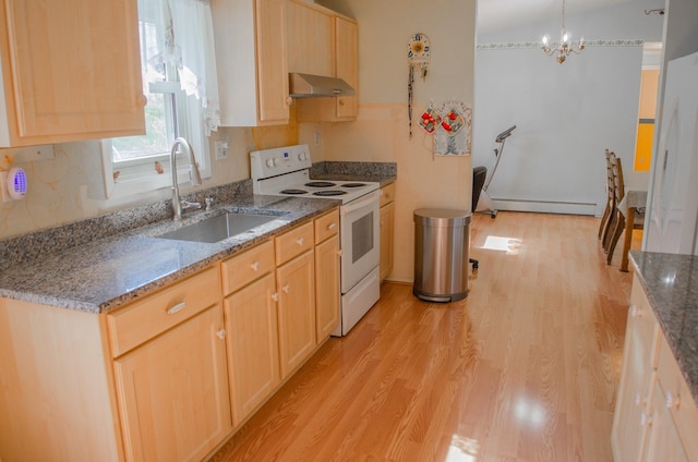 15 Feller Newmark Rd, Red Hook, NY 12571 - kitchen featuring white range with electric cooktop, a sink, light brown cabinets, a baseboard heating unit, and extractor fan