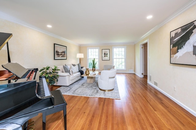 16 Cayuga Rd, Scarsdale, NY 10583 - living room with light wood finished floors, crown molding, baseboards, and recessed lighting