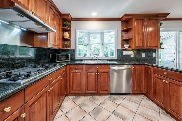 16 Cayuga Rd, Scarsdale, NY 10583 - kitchen with open shelves, stainless steel appliances, ornamental molding, under cabinet range hood, and backsplash