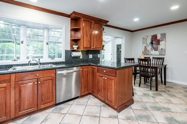 16 Cayuga Rd, Scarsdale, NY 10583 - kitchen featuring stainless steel dishwasher, a sink, a peninsula, crown molding, and open shelves
