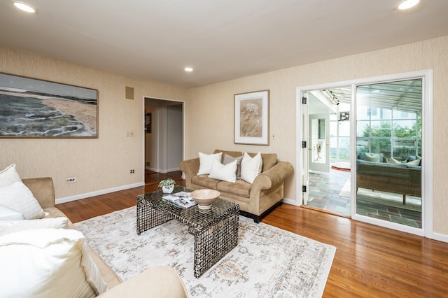 16 Cayuga Rd, Scarsdale, NY 10583 - living room featuring wood finished floors, baseboards, wallpapered walls, and recessed lighting