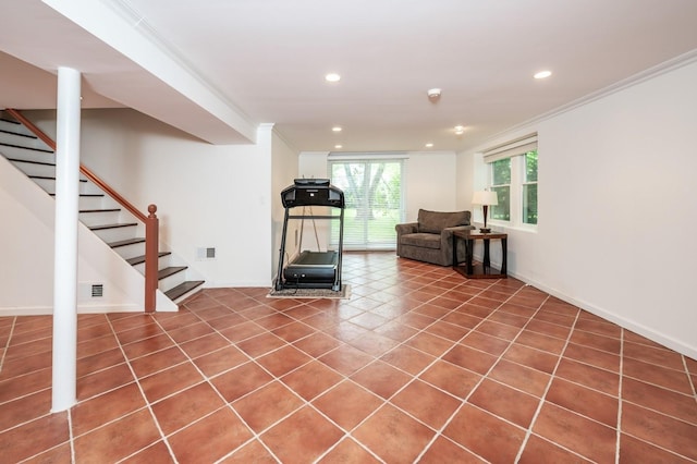 16 Cayuga Rd, Scarsdale, NY 10583 - workout area featuring ornamental molding, recessed lighting, and tile patterned flooring