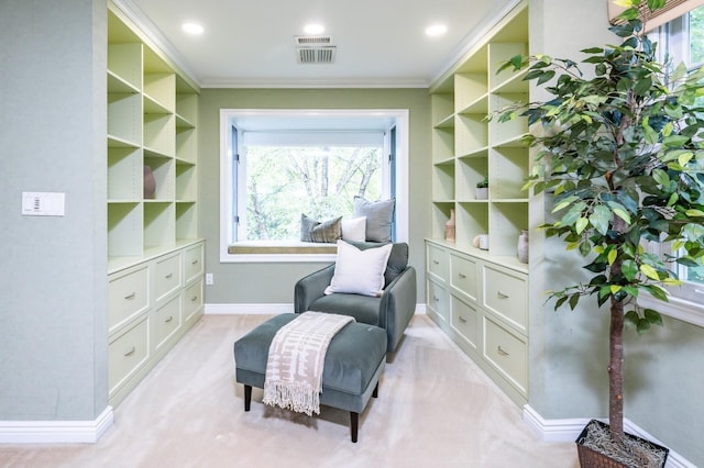 16 Cayuga Rd, Scarsdale, NY 10583 - sitting room featuring crown molding, baseboards, light carpet, and recessed lighting