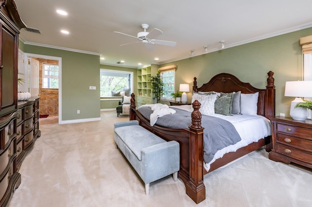 16 Cayuga Rd, Scarsdale, NY 10583 - bedroom with light carpet, baseboards, recessed lighting, ornamental molding, and ceiling fan
