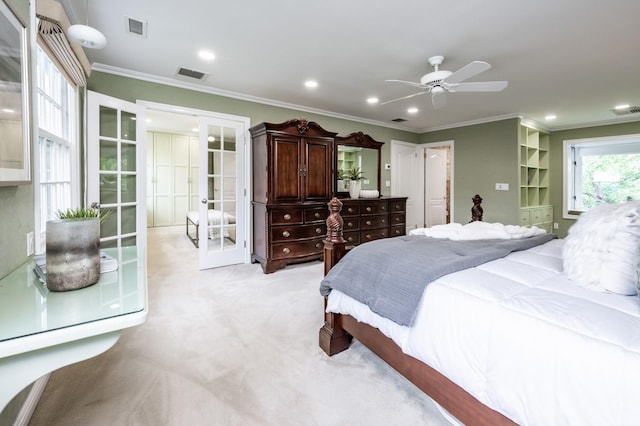 16 Cayuga Rd, Scarsdale, NY 10583 - bedroom with french doors, crown molding, light carpet, recessed lighting, and a ceiling fan