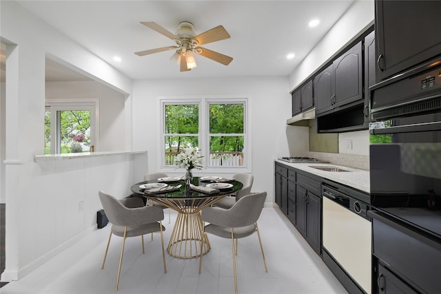 kitchen featuring dishwasher, oven, plenty of natural light, a ceiling fan, and recessed lighting