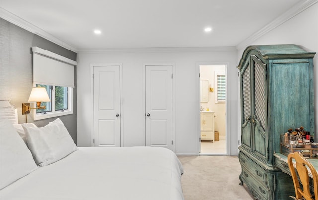 90 Gannet Dr, Commack, NY 11725 - bedroom with light colored carpet, crown molding, recessed lighting, ensuite bath, and baseboards