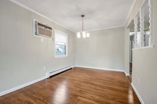 76 Melrose Ave, Lynbrook, NY 11563 - unfurnished dining area with a baseboard radiator, an AC wall unit, crown molding, a chandelier, and wood finished floors