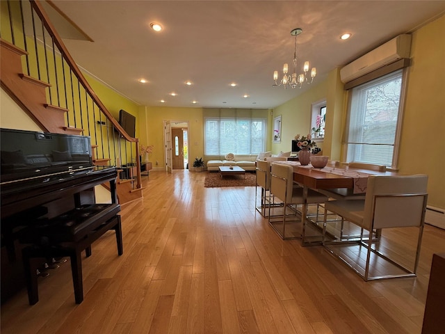 83-46 Penelope Ave, Middle Village, NY 11379 - dining space featuring stairway, light wood-type flooring, plenty of natural light, a chandelier, and recessed lighting