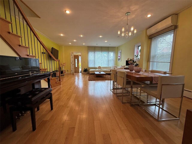 83-46 Penelope Ave, Middle Village, NY 11379 - dining space featuring stairway, light wood-type flooring, plenty of natural light, a chandelier, and recessed lighting