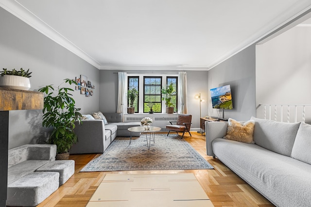 living area featuring ornamental molding