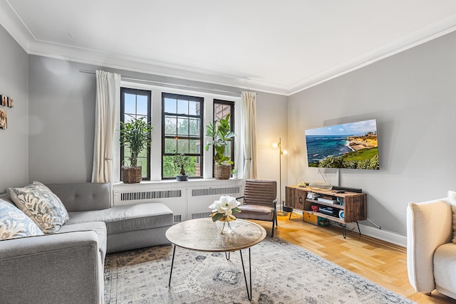 living area with radiator, ornamental molding, and baseboards