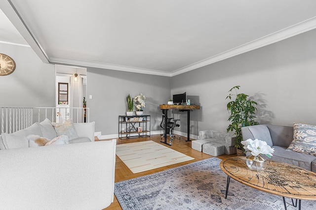 living room featuring ornamental molding, baseboards, and wood finished floors