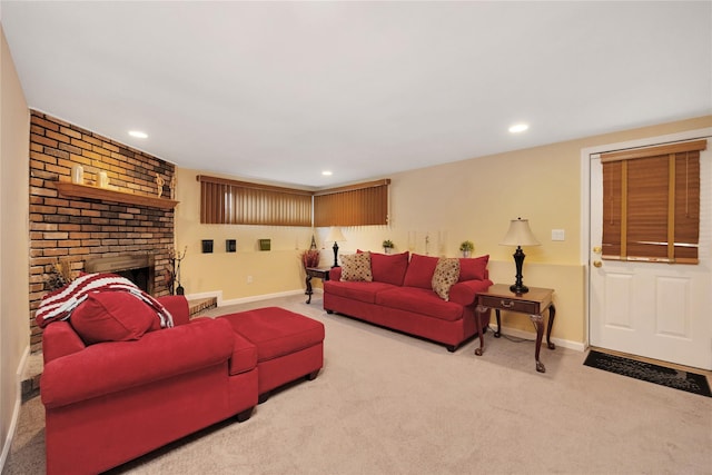 2228 Stacey Ct, North Bellmore, NY 11710 - carpeted living room with a brick fireplace, baseboards, and recessed lighting