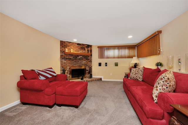 2228 Stacey Ct, North Bellmore, NY 11710 - living area with carpet, a brick fireplace, baseboards, and recessed lighting