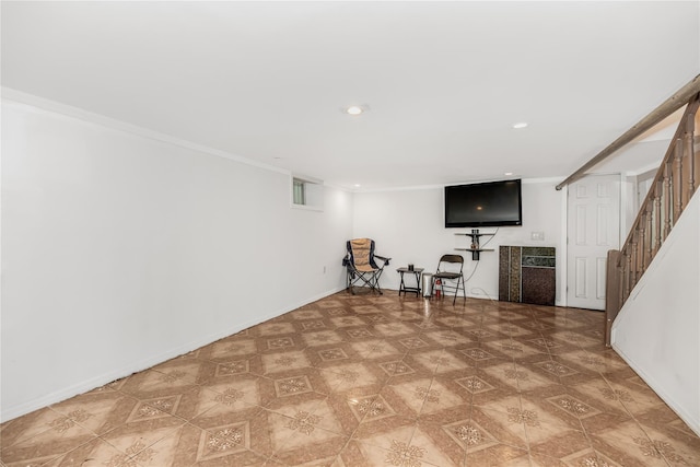 2733 Tenbroeck Ave, Bronx, NY 10469 - finished basement featuring stairs, recessed lighting, and ornamental molding