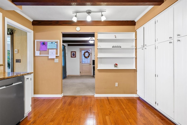 20 Idlewild Park Dr, Cornwall On Hudson, NY 12520 - kitchen featuring dishwasher, white cabinets, light wood-type flooring, ornamental molding, and baseboards