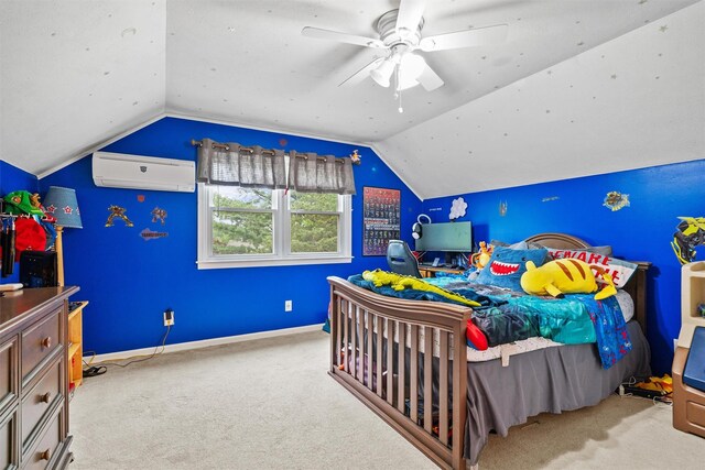 20 Idlewild Park Dr, Cornwall On Hudson, NY 12520 - bedroom featuring an AC wall unit, lofted ceiling, carpet floors, baseboards, and ceiling fan
