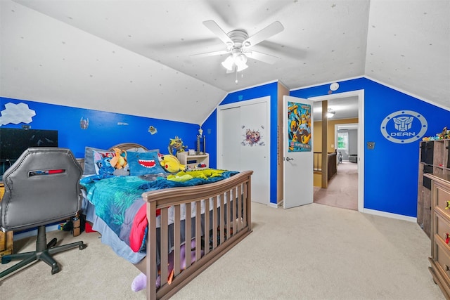 20 Idlewild Park Dr, Cornwall On Hudson, NY 12520 - carpeted bedroom featuring vaulted ceiling, baseboards, ceiling fan, and a closet