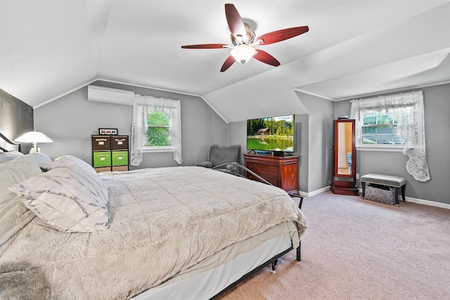 20 Idlewild Park Dr, Cornwall On Hudson, NY 12520 - carpeted bedroom featuring a wall mounted air conditioner, lofted ceiling, baseboards, and ceiling fan