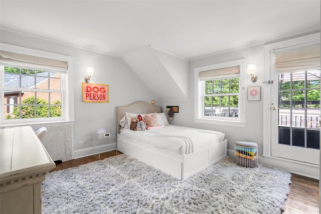 bedroom featuring crown molding, access to exterior, wood finished floors, and baseboards
