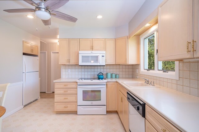 25 Ganung Dr, Ossining, NY 10562 - kitchen featuring white appliances, a sink, light brown cabinets, backsplash, and recessed lighting