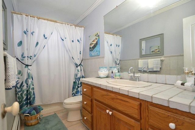 21 Northern Blvd, Shirley, NY 11967 - full bath featuring a baseboard radiator, toilet, crown molding, vanity, and tile patterned floors