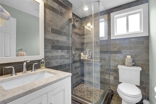 bathroom featuring a shower stall, toilet, and vanity