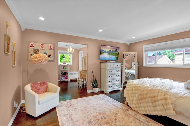 bedroom featuring radiator, a chandelier, crown molding, baseboards, and dark wood finished floors