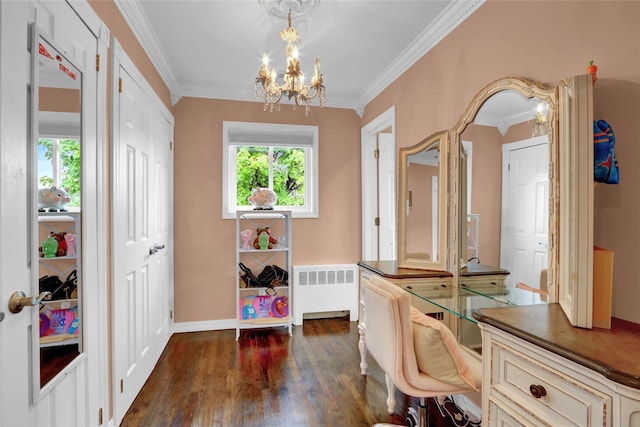 office featuring radiator heating unit, a chandelier, dark wood finished floors, crown molding, and baseboards