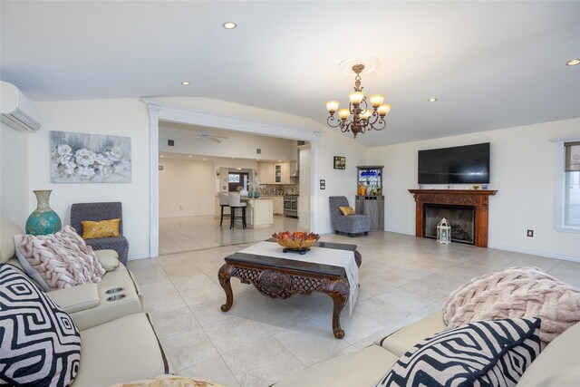 living area featuring a wall mounted AC, vaulted ceiling, a chandelier, light tile patterned flooring, and recessed lighting
