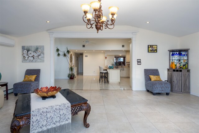 lobby with vaulted ceiling and recessed lighting