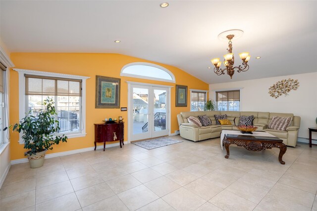 living room with vaulted ceiling, a chandelier, a baseboard radiator, light tile patterned flooring, and baseboards