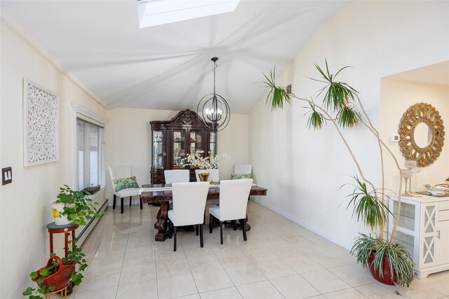dining area featuring vaulted ceiling, a skylight, a chandelier, tile patterned floors, and baseboards