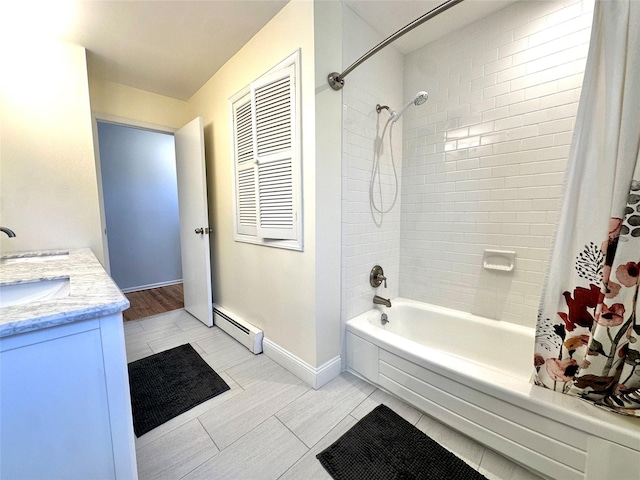 full bathroom with baseboard heating, shower / bath combination with curtain, baseboards, and vanity