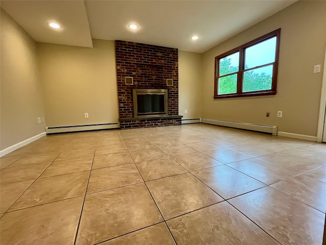 51 Pine Ct, Middletown, NY 10941 - unfurnished living room with a baseboard heating unit, light tile patterned flooring, a fireplace, baseboards, and recessed lighting