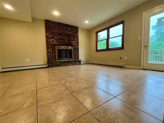 51 Pine Ct, Middletown, NY 10941 - unfurnished living room with a baseboard heating unit, tile patterned flooring, recessed lighting, baseboards, and a brick fireplace