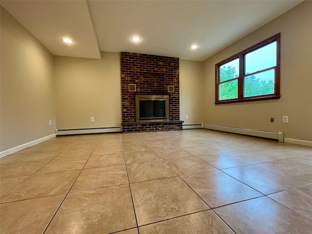 51 Pine Ct, Middletown, NY 10941 - unfurnished living room featuring baseboard heating, a brick fireplace, tile patterned floors, and recessed lighting
