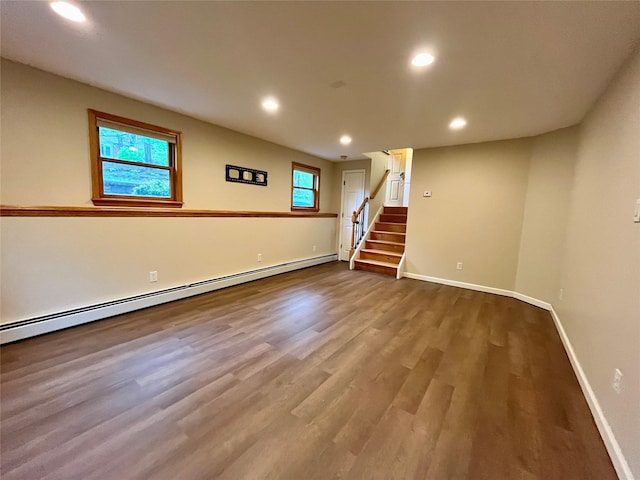 51 Pine Ct, Middletown, NY 10941 - below grade area featuring wood finished floors, stairway, a baseboard heating unit, baseboards, and recessed lighting
