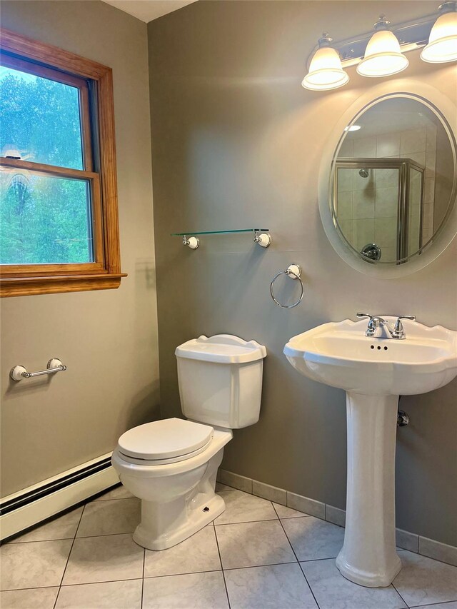 51 Pine Ct, Middletown, NY 10941 - full bath featuring baseboard heating, a shower stall, toilet, baseboards, and tile patterned flooring