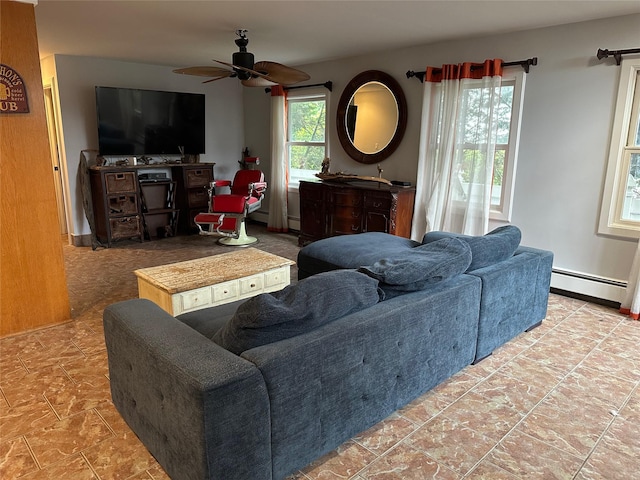 139 Coronado St, Atlantic Beach, NY 11509 - living room with baseboard heating and ceiling fan