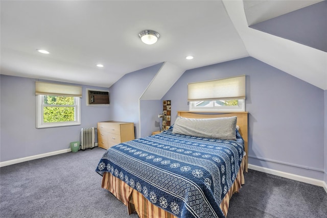 bedroom featuring radiator heating unit, an AC wall unit, carpet, vaulted ceiling, and recessed lighting