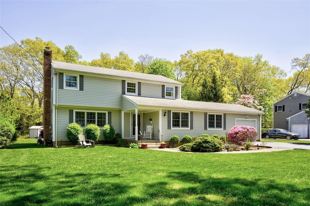 traditional-style home with a garage, a chimney, a front lawn, covered porch, and driveway