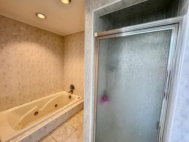 980 Siems Ct, North Bellmore, NY 11710 - bathroom featuring a stall shower, tile patterned flooring, a jetted tub, recessed lighting, and tile walls