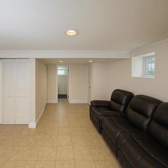 980 Siems Ct, North Bellmore, NY 11710 - living area with light tile patterned floors, crown molding, recessed lighting, and baseboards