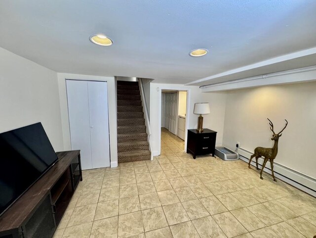 980 Siems Ct, North Bellmore, NY 11710 - living area featuring stairway, a baseboard radiator, recessed lighting, and light tile patterned floors