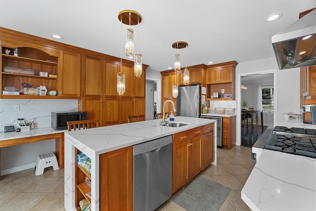 kitchen featuring open shelves, stainless steel appliances, a sink, exhaust hood, and decorative backsplash